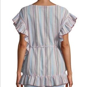 bobeau Tops - Anara Striped Tie-Waist Ruffle-Blouse bobeau Tops - Anara Striped Tie-Waist Ruffle-Blouse